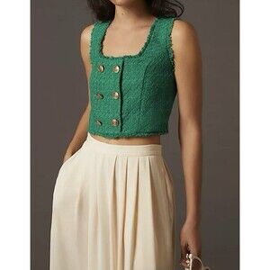 NWT Anthropologie Maeve Green Tweed Vest Cropped Tank Short Size 8
